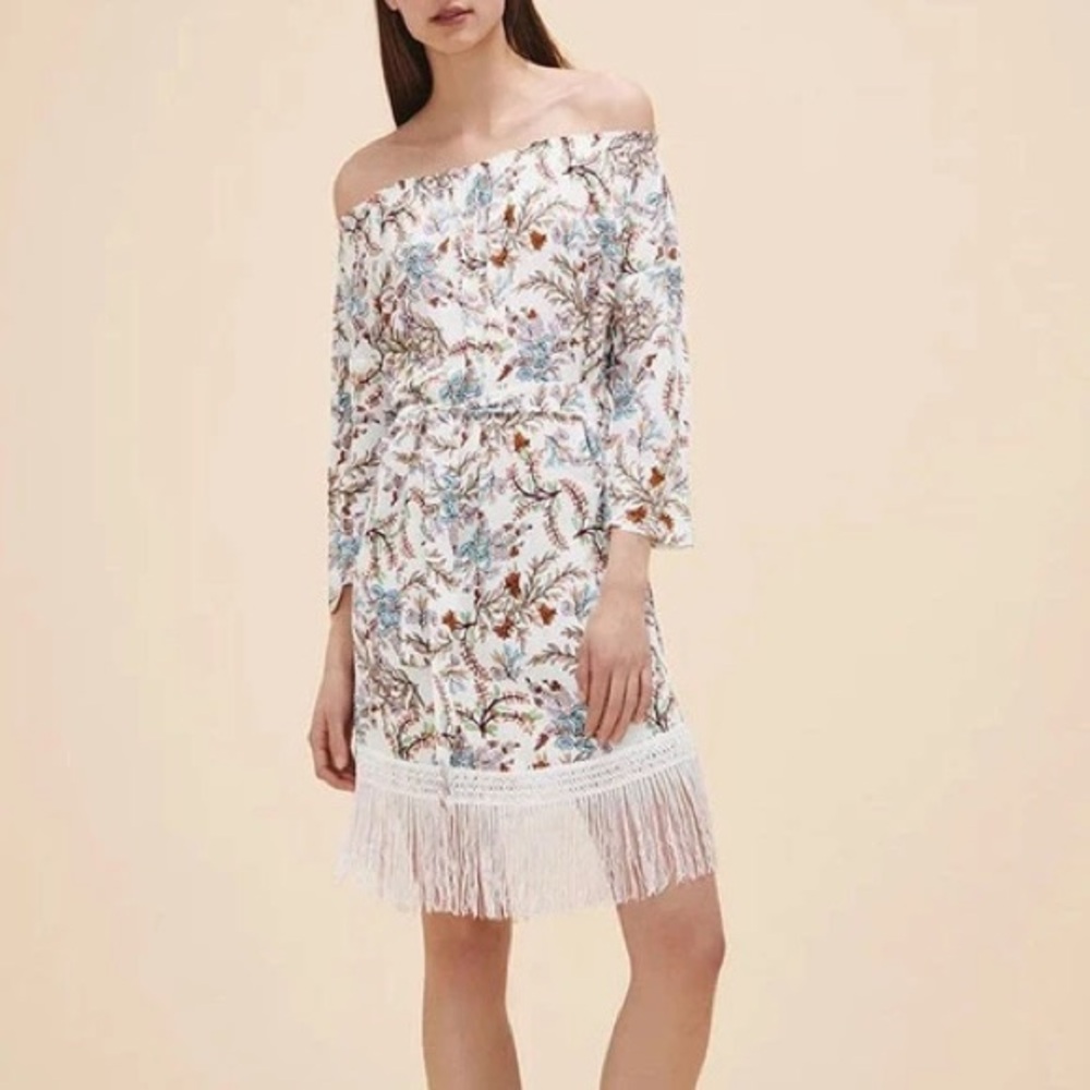 Maje Ridane off the shoulder fringe trimmed floral print dress, off white, sz M